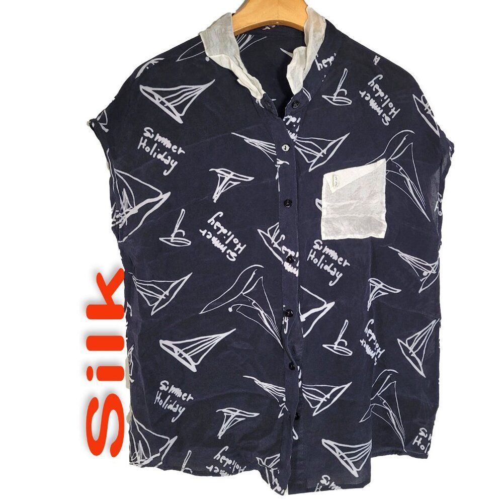 Women's 100% Silk Size M Short Sleeve Button up Top Shirt SDB593